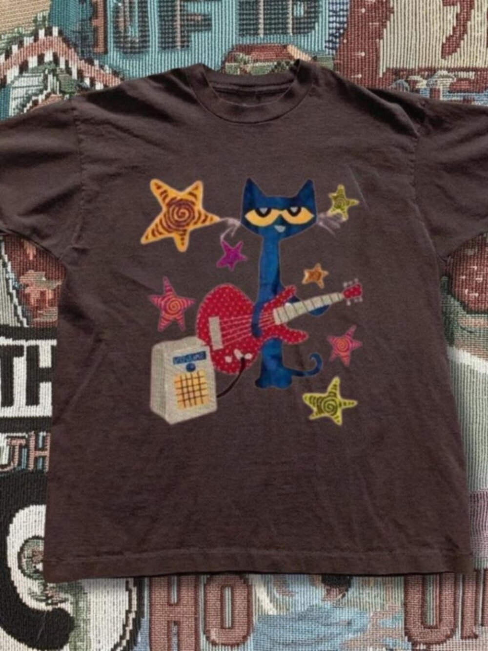 Gildan Heavy Cotton Vintage Cat Guitar Graphic T-Shirt Brown Unisex Streetwear